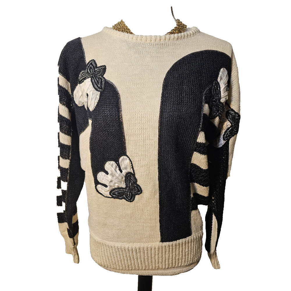 Vintage Dino Valiano Womens Italian Knit Sweater Cream Black Linen Blend Size M